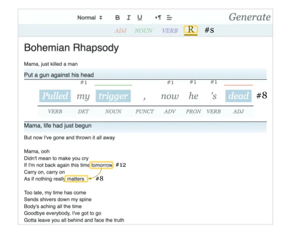 A Poiesis Studio mockup showing syllable and rhyme constraints.