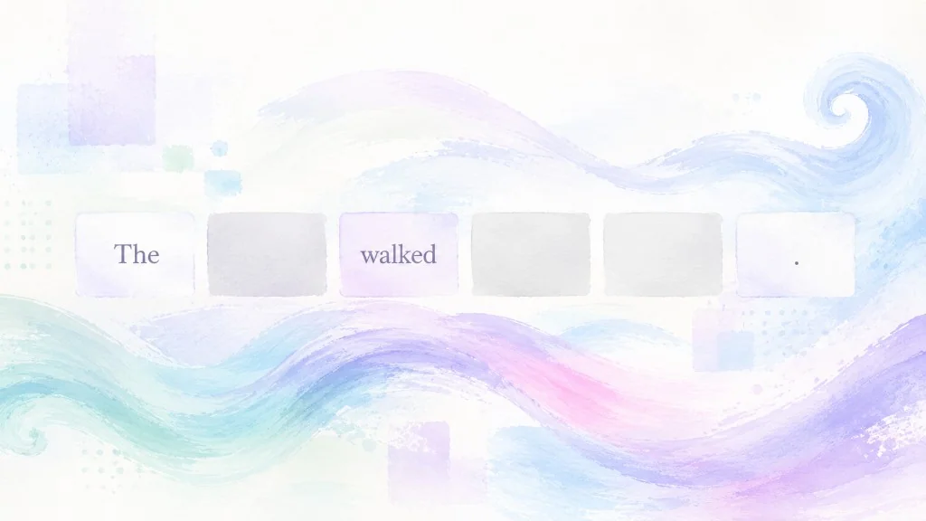 Watercolour waves surrounding a sequence of masked word tiles reading: The … walked … .