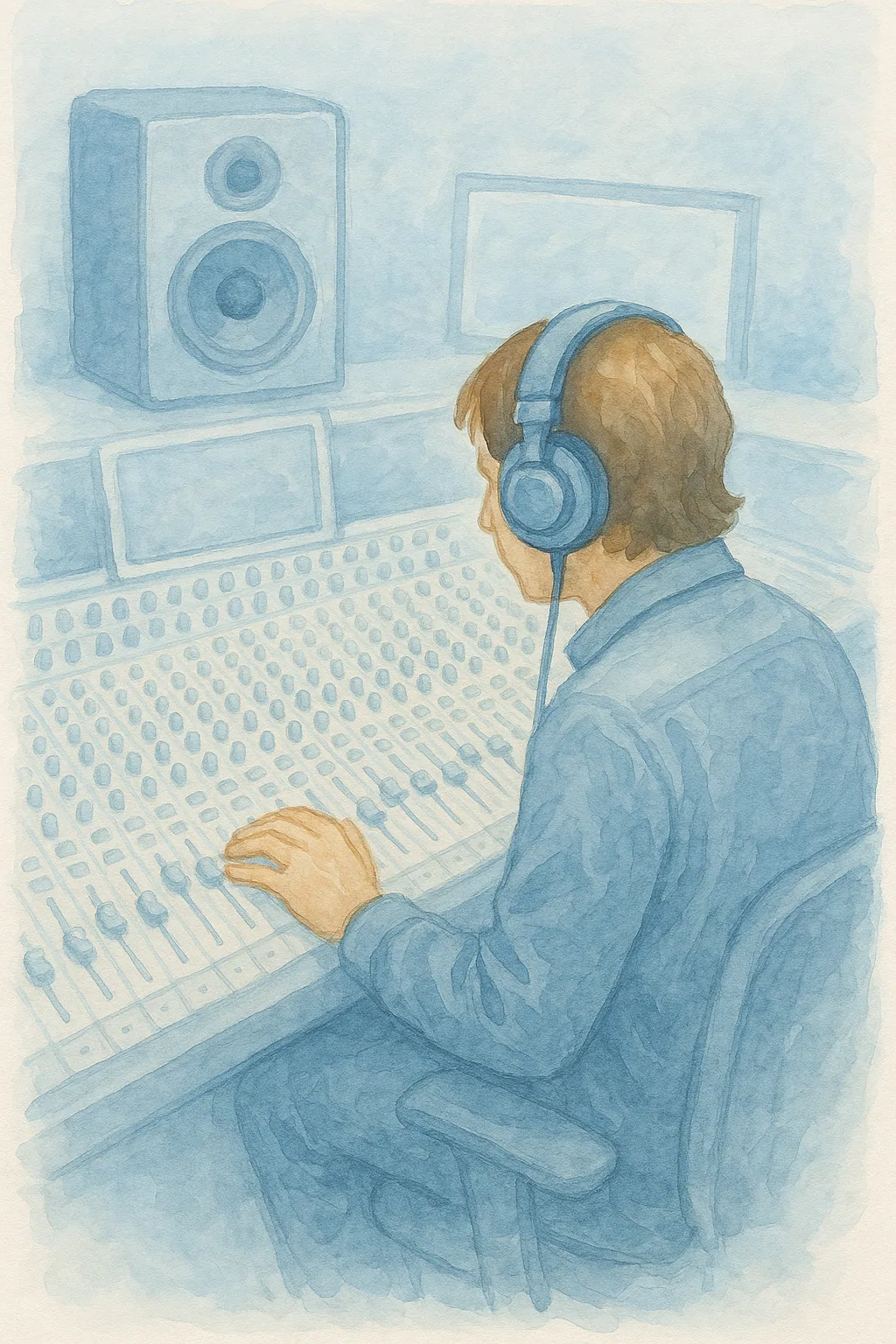 A sound engineer working at a mixing desk.