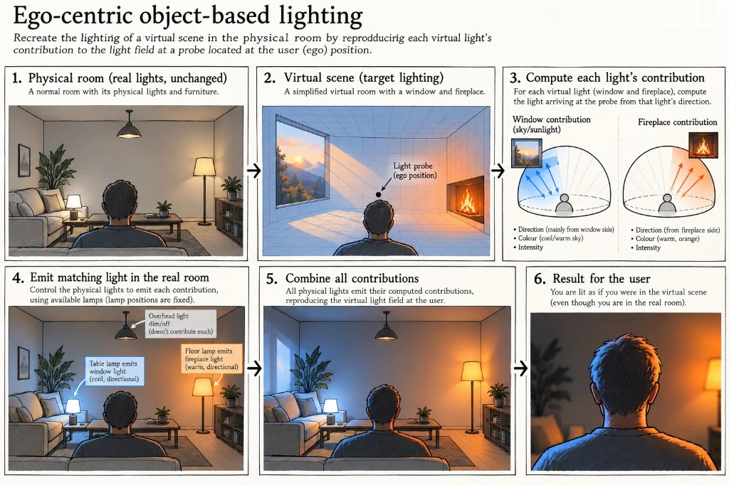 Six-panel diagram: a real room with its lamps, a virtual room with a window and fireplace, the contribution of each virtual light measured at a probe at the viewer's position, physical lamps emitting those contributions, the combined result, and the viewer lit as though in the virtual scene.