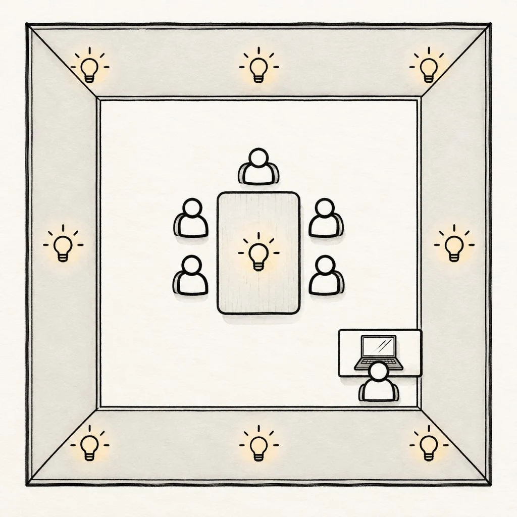 Top-down sketch of the Lighthouse room: players seated around a table with a lamp at its centre, eight lights around the walls and the game master at a laptop in one corner.